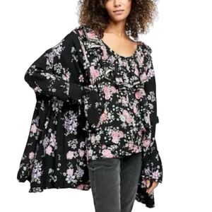 Free People Top Lorretta Black Pink Purple Floral Print Tunic Blouse Size Medium